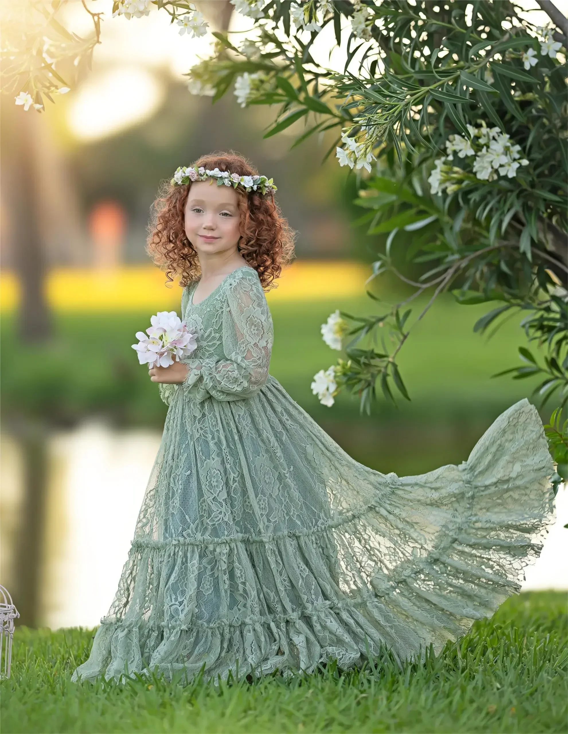 Vestidos de niña de flores verdes personalizados, vestido de desfile para boda, Apliques de encaje, largo hasta el suelo, fiesta de cumpleaños, vestidos de primera comunión