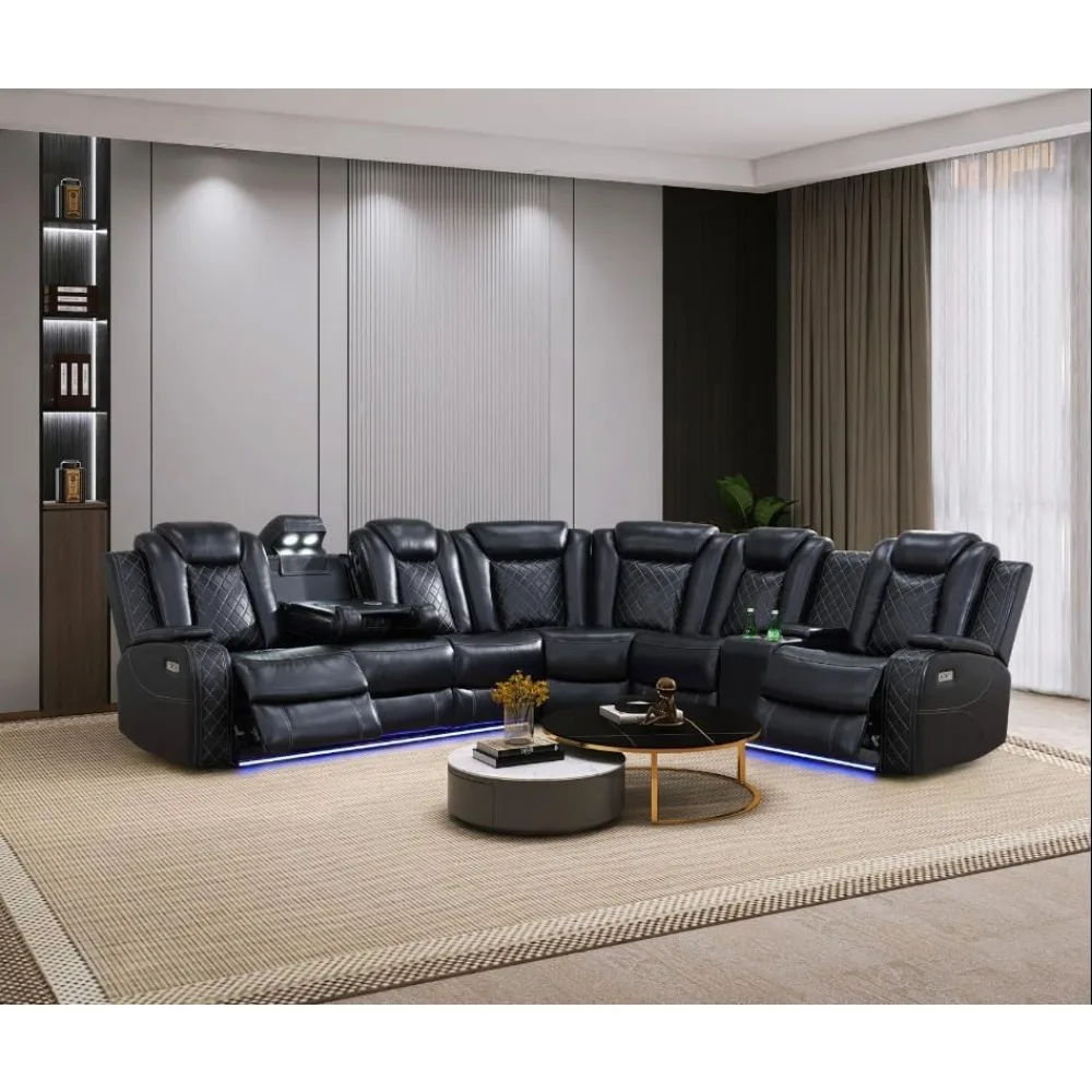 Recliner, Leather Recliner Sectional With LED Lights, Reader Lights, Storage Consoles, Cup Holders, USB Charging Port, Sofa Livi