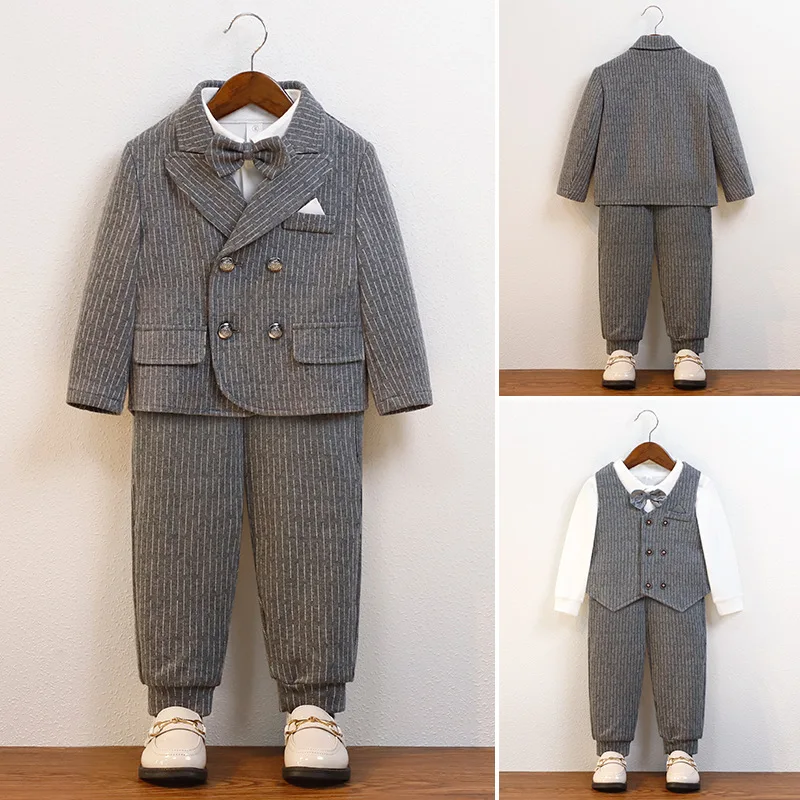 

A.Boys' Winter New Stylish British Striped Flower Boy Host First Birthday Performance Suit1Years Old-4Years Old