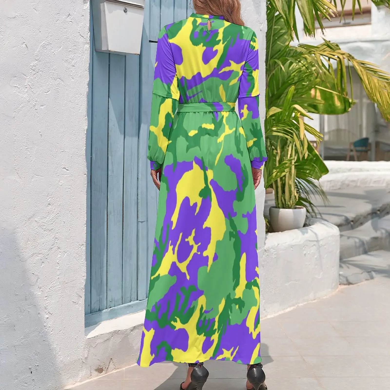 Mardi Gras Camo Dress Colorful Camouflage Street Wear Boho Beach Dresses Ladies Long-Sleeve High Neck Party Long Maxi Dress