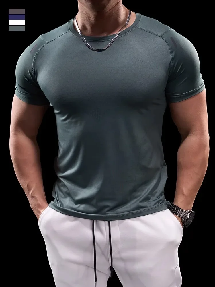 Men Sports Fitness Short-sleeved T-shirt Gym Running Training Top Quick-drying Breathable Stretch Tight Ice Silk Clothes Summer