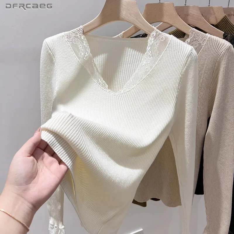 

Apricot Sexy V-Neck Sweater Bottoming Shirt For Women Autumn Winter Lace Patchwork Long Sleeved Knitted Tops Clothes