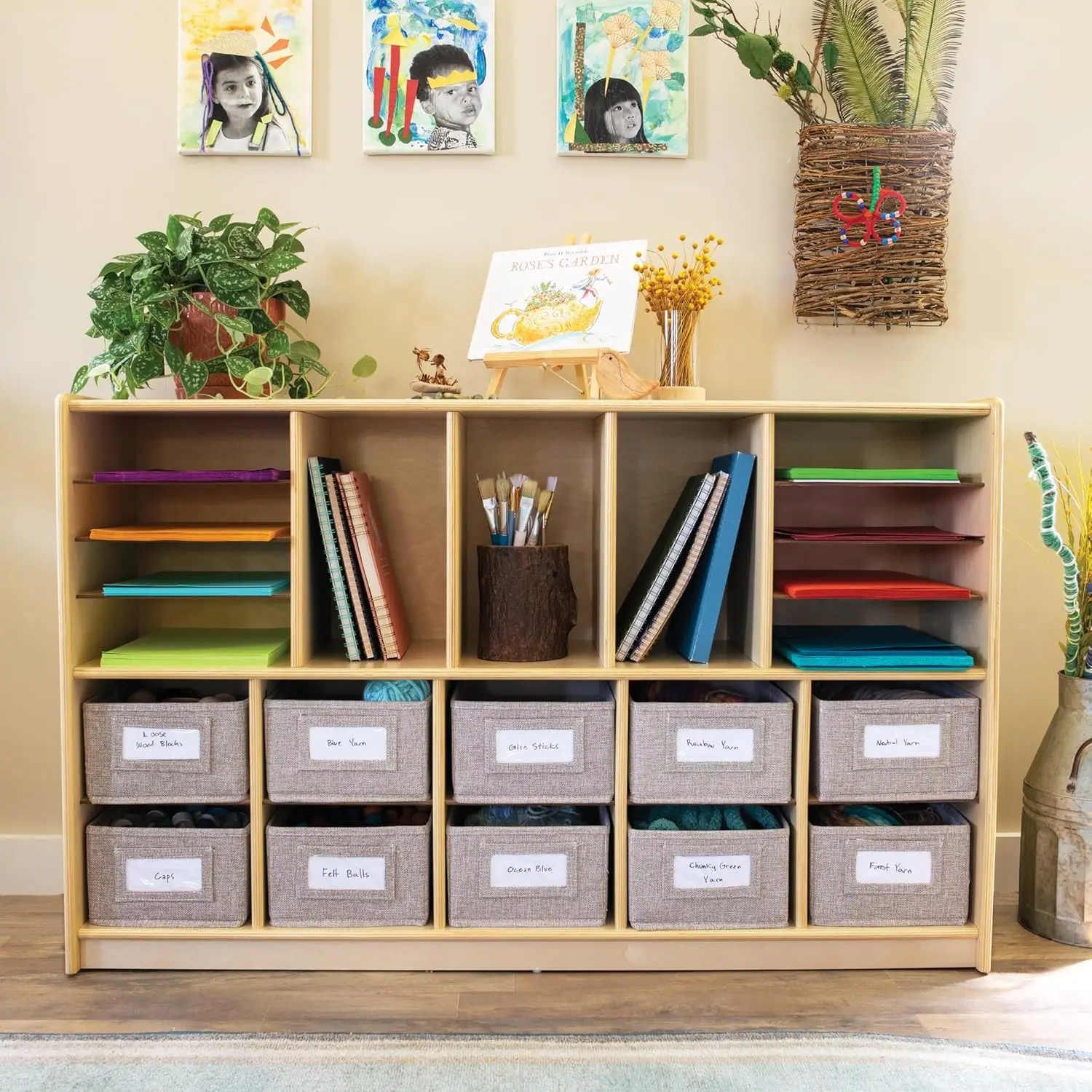 

EdQ Shelves and 10 Bin Storage Unit- Natural: Multi-Functional Cube Storage Organizer or Bookcase,, Customized