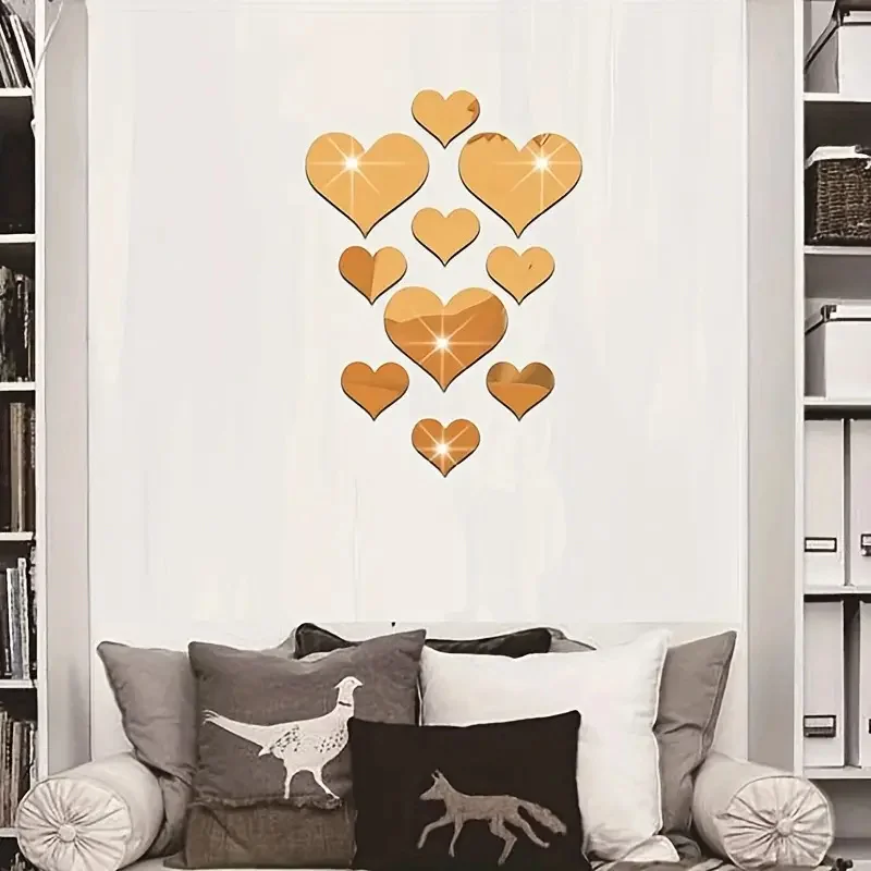 10Pcs/Set Durable Love Heart Sticker Wall Sticker Mirror Mural 3D Decal Simple DIY Decorative Removable Paster Home Decoration