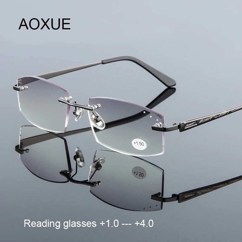 

Luxury Rimless Reading Glasses Man Business Diamond Cutting Readers Eyeglasses Titanium Alloy Presbyopic Diopter +1.0 +3.0 +4.0