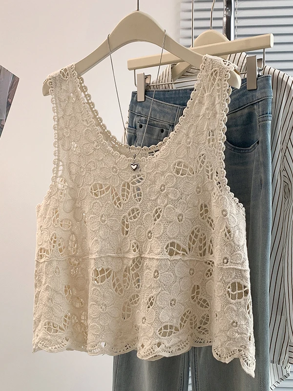 Bohemian Style Hollow out Embroidered  Color Women's Tank Top Sleeveless Summer Fashion Breathable U-Neck A-Line Vest