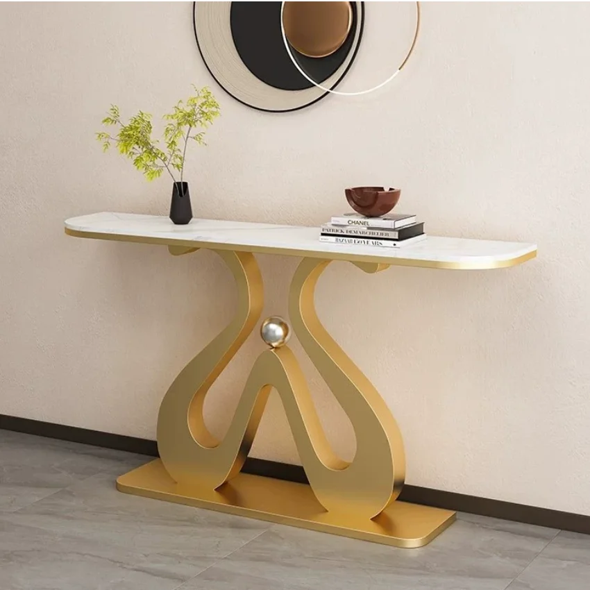 

Modern Luxury Rectangular Rock Board Console Table High-Grade Narrow Entrance Table Metal for Living Room Opposite Door Light