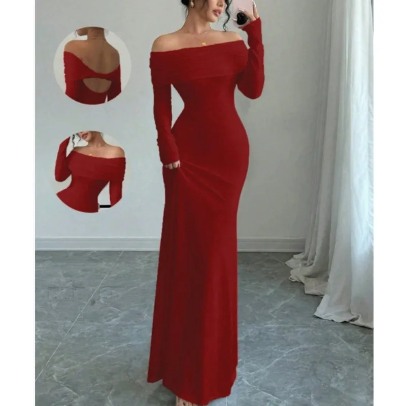 Vestido de noche clásico personalizado de Jersey rosa, vestido de fiesta con espalda abierta y espalda descubierta de manga larga sin tirantes de alta calidad