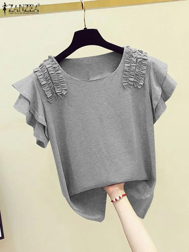 ZANZEA-Blusa de manga corta con volantes para mujer, camisa de trabajo holgada y elegante, Tops informales con cuello redondo para vacaciones y fiestas, 2024