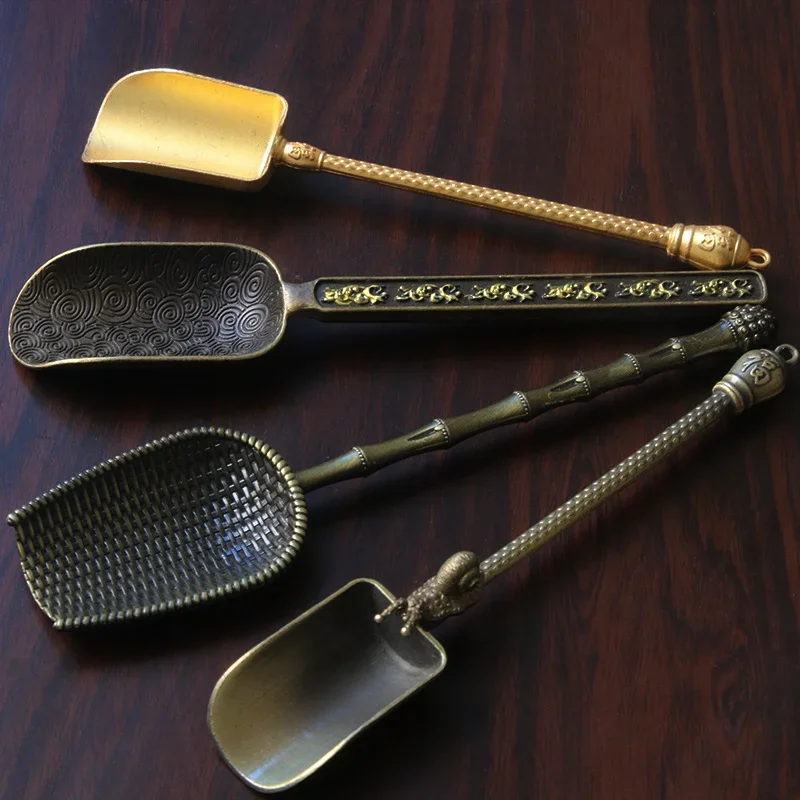 Shovel Shape Tea Spoons Retro Chinese Style Tea Accessories Copper Sugar Salt Coffee Spoons For Kitchen Kongfu Tea Tools Gadgets