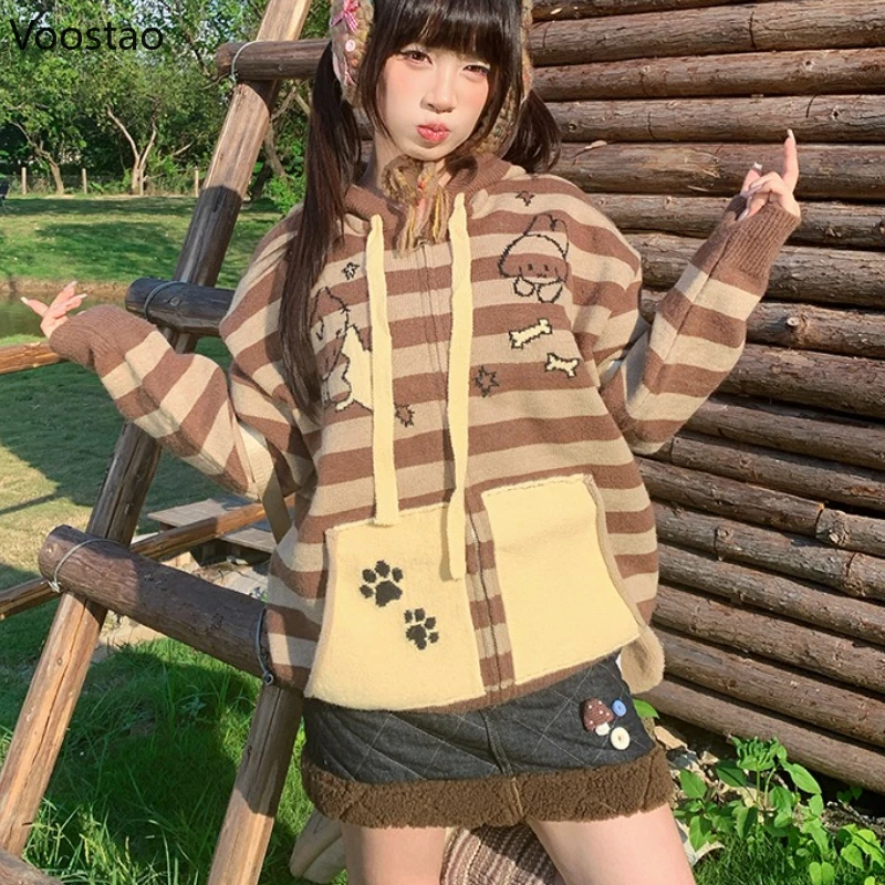 

Autumn Casual Cartoon Puppy Striped Hooded Sweater Women Sweet Knitted Zipper Cardigan Coat Japanese Lolita Loose Knitwear Tops
