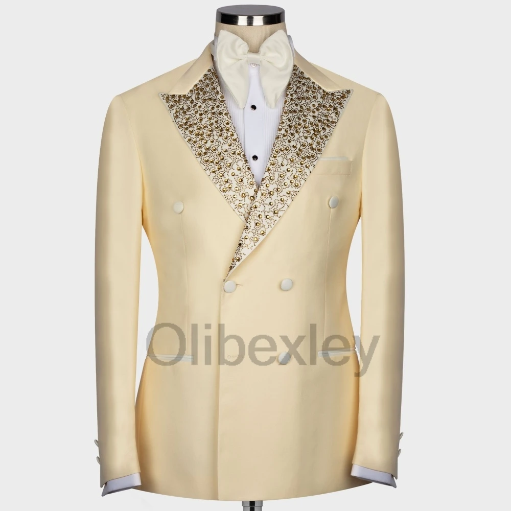 Olibexley Yellow Men Suits Gold Crystal Diamond Beaded 2-Piece Ropa Hombre Groom Male Blazers Wedding Tuxedos Customized S163