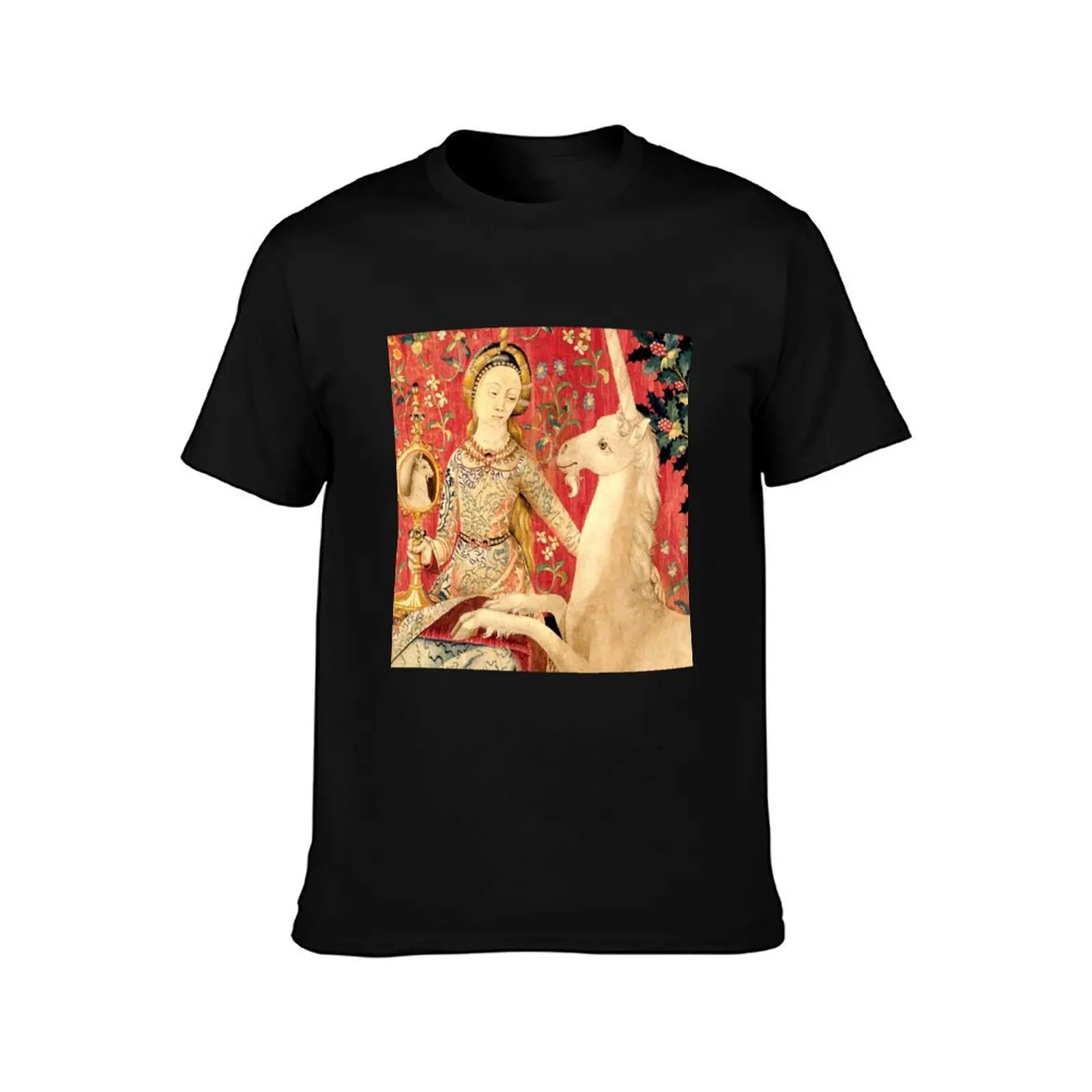 LADY AND UNICORN ,SIGHT Red Green Fantasy Flowers,Animals Detail T-Shirt Summer Casual Cotton Tee Oversized Streetwear Tops