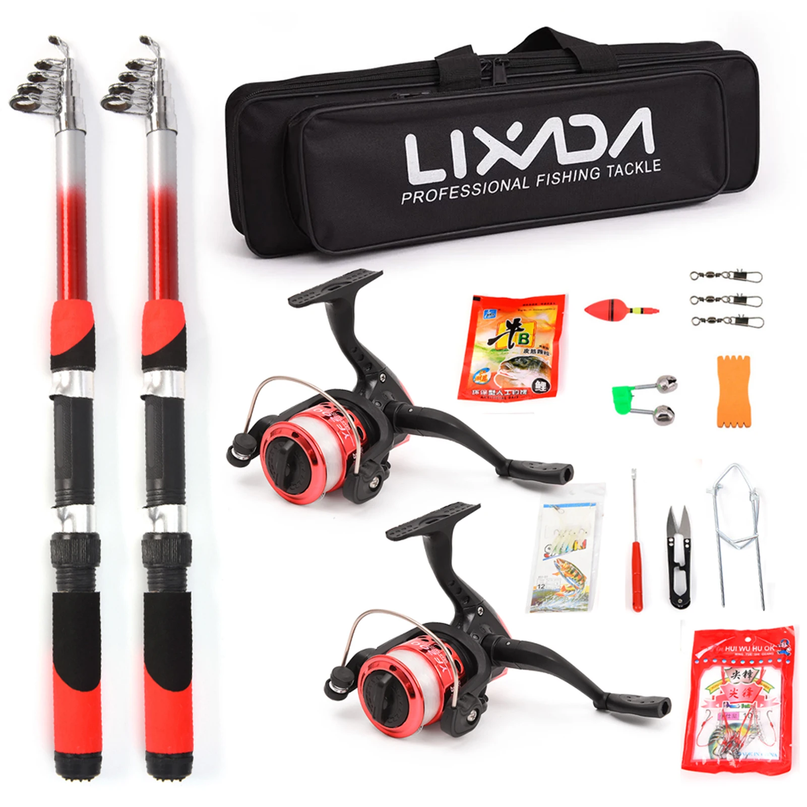 Lixada Fishing Rod Reel Combo Full Kit with 2pcs 2.1m Telescopic Fishing Rods 2pcs Spinning Reels Fishing Lures Hook Fishing Bag