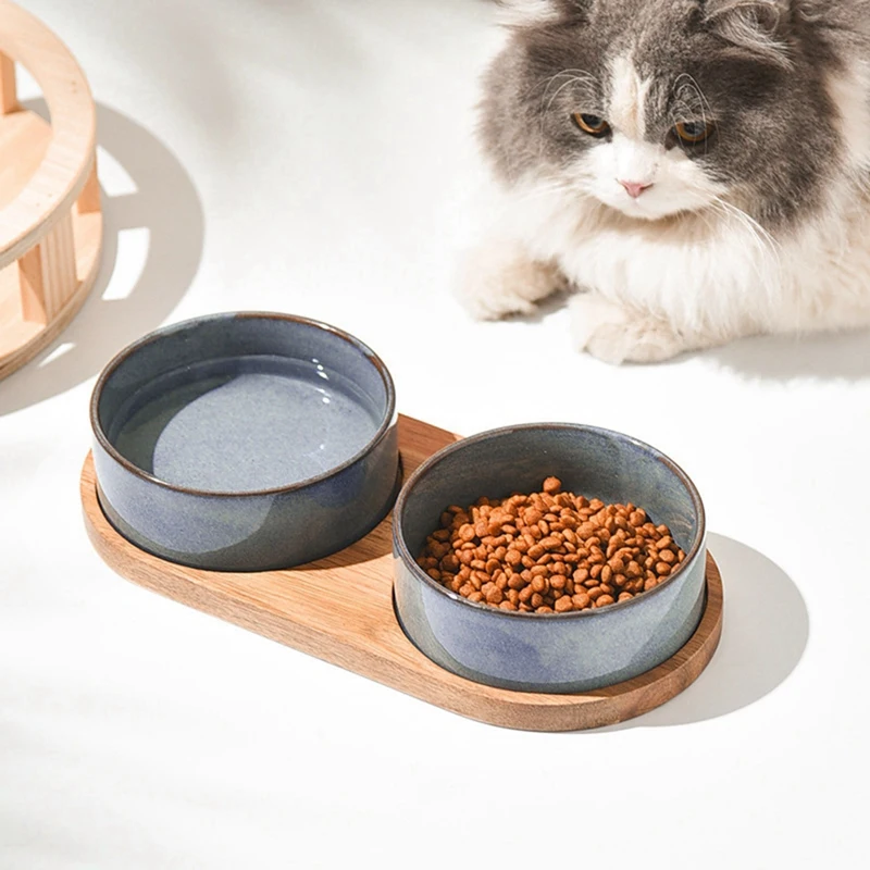 Ceramic Pet Bowl With Neck Protective Collar Anti-Collision Wooden Tray Pet Feeding Supplies Cat Accessories