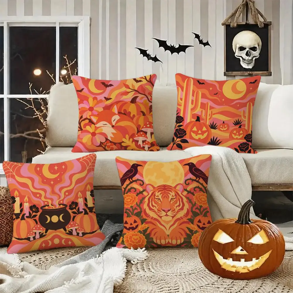 Groovy Halloween Animal Gift Cushion Cover Halloween Rustic Throw Pillow Covers, Cute Ghost Pumpkin Maple Leaf Cushion Covers
