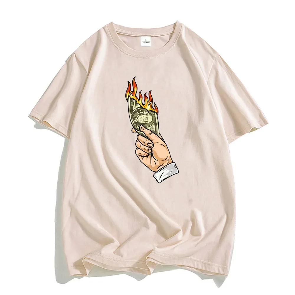 

Футболка с графическим принтом доллар на огне, 100% хлопковые летние футболки, распространенные винтажные уличные футболки, мужские/женские повседневные топы с коротким рукавом