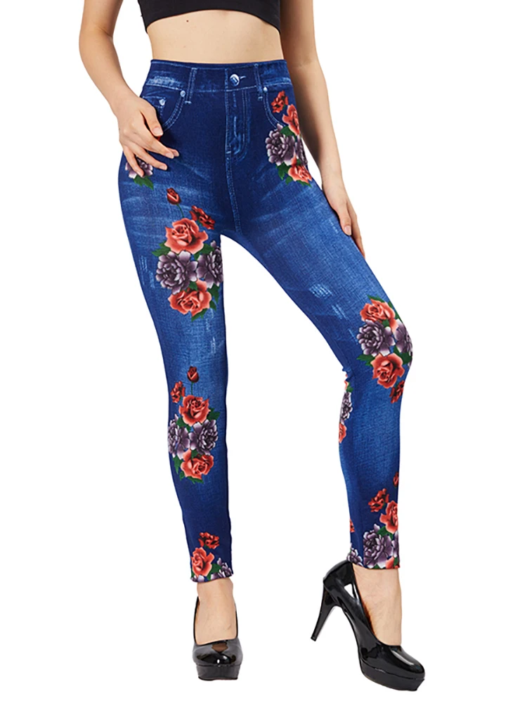 CUHAKCI Women Rose Print Elastic Blue Jeggings Fake Pocket Casual Workout Yoga Leggings Slim Fit Faux Denim Female Pencil Pants