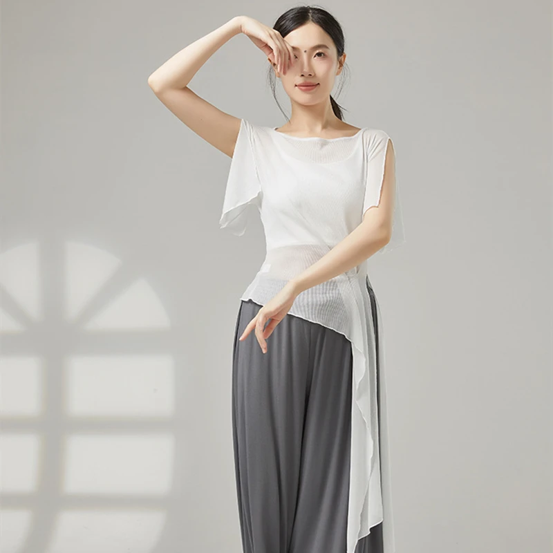 

Женская сетчатая блузка с вырезом-лодочкой и коротким рукавом для современных танцев, с завязками по низу, для латиноамериканских танцев, тренировок, выступлений и соревнований