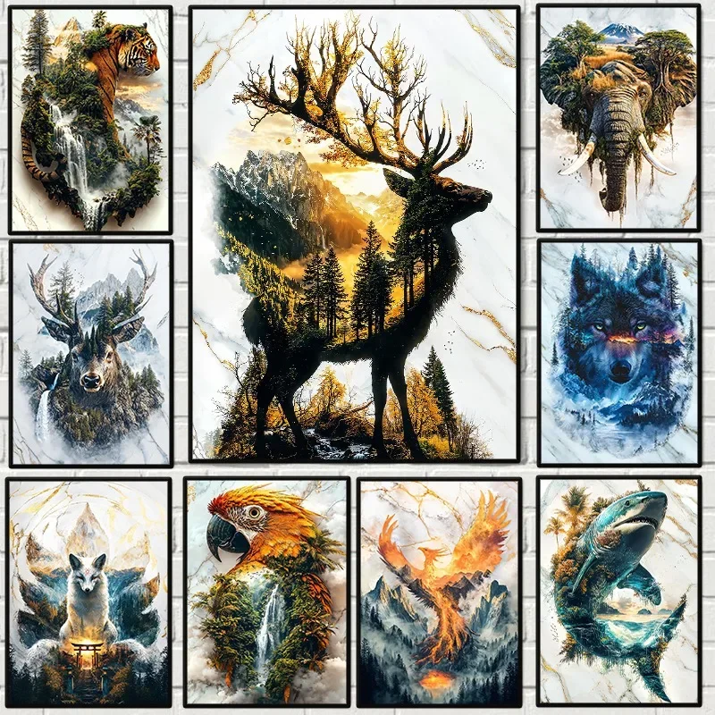 Abstract Jungle Animals Avatars of Nature Mountain Poster Deer Wolf Tiger Lion Owl Canvas Painting Wall Art for Room Home Decor