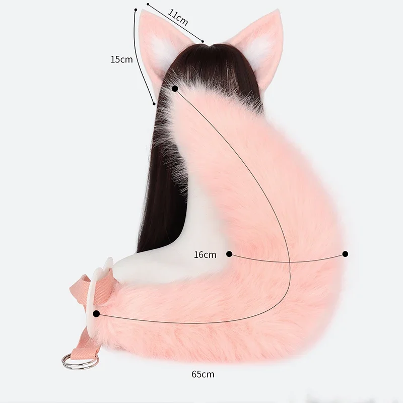 Furry Pink Wolf Ears Headwear Simulated Animal Tail 65Cm Anime Cosplay Costum Prop Halloween Headband Simulated Animal Tail
