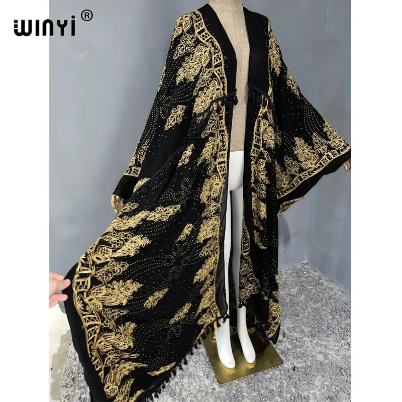 WINYI Women tassel Black hot brick dress Long Coat Loose Lapel Robe Femme Thick Warm Loose Boho Middle East Female kimono Abaya