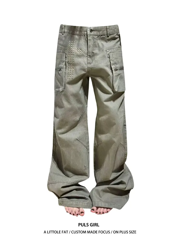 

Американские ретро-джинсы большого размера для женщин, с заклепками, в стиле рабочей одежды, широкие брюки, свободные, струящиеся, весенняя новинка, с высокой талией, повседневные