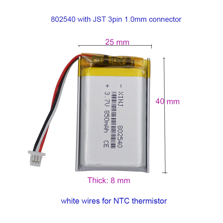3.7V 850mAh 3.14Wh Li-polymer Premium Battery 802540 JST 3pin 1.0mm For GSP DashCam Bluetooth Headphones Speaker Car Camera