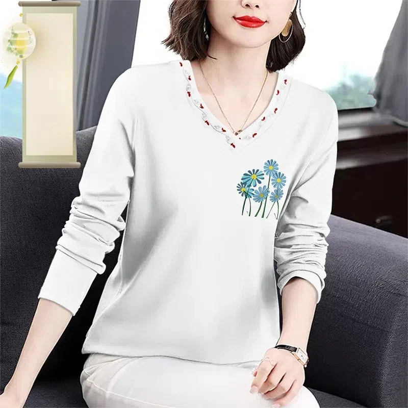 Spring Autumn Long Sleeve Pullover Women\'s Clothing Plant&Flowers Printing Crew Neck T-shirt Casual Comfortable All-match Tops