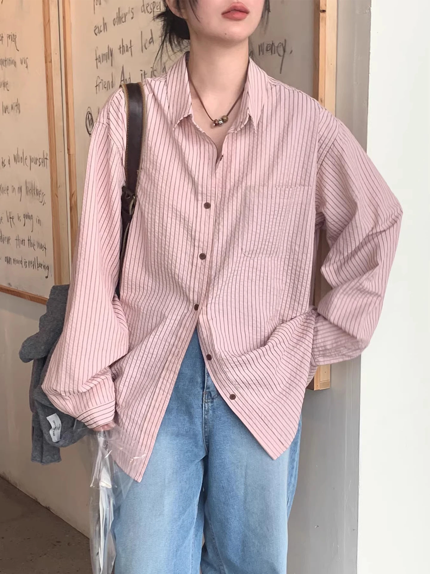 

Chic Autumn New Sle Sweet Youthful Turn-down Collar Single ket Loose Casual Long Sve Striped irt Women's Top