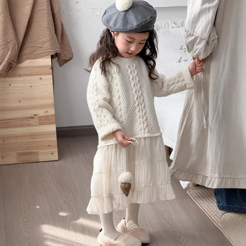 

Осень-зима 2022, детская одежда для девочек, теплый свитер, лоскутное сетчатое платье принцессы, стильное вязаное платье для малышей 3-10 лет