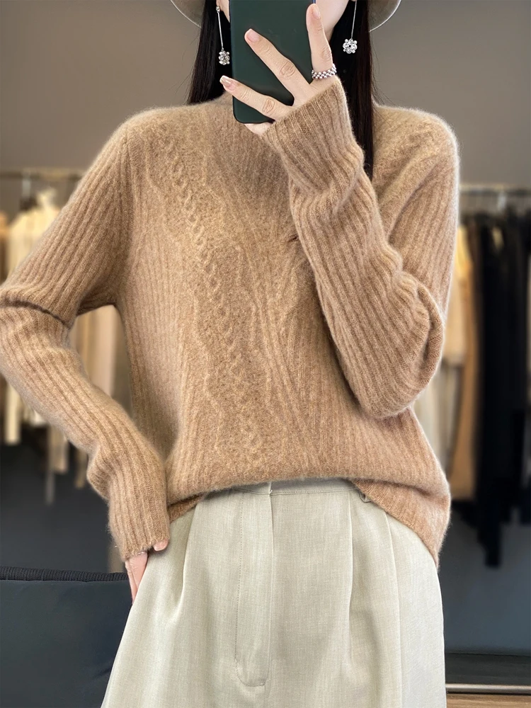 

New Women Pullover Thick Cashmere Sweater 100% Merino Wool Knitted Autumn Winter Mock Neck Knitwear Female Long Sleeve Top 2024