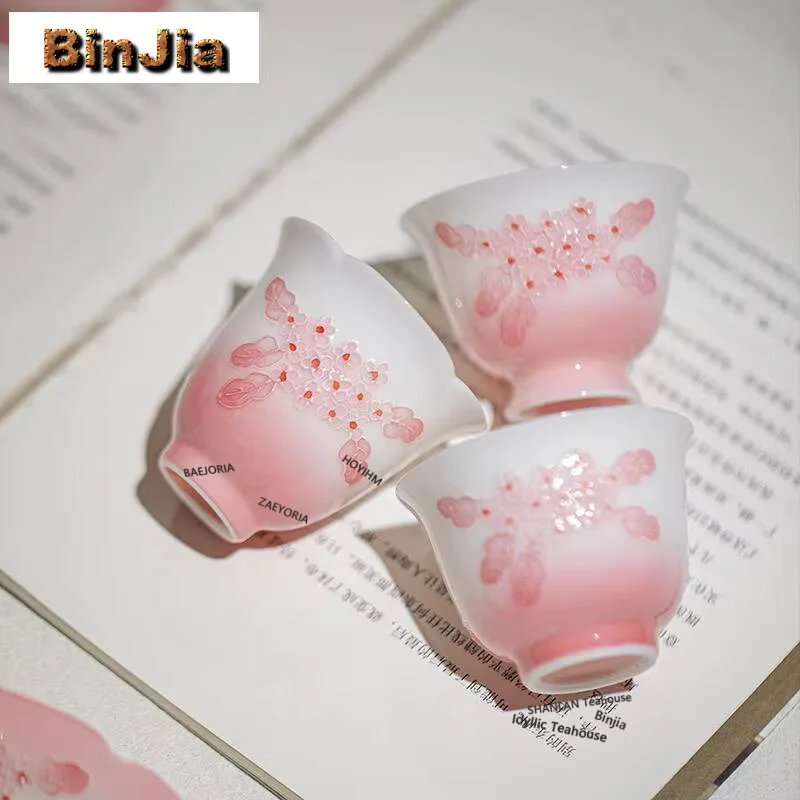 

Hand Drawn Pink Embroidered Arita Porcelain Teacup Zen Tea Bowl Cup For Tea Tea-tasting Smelling Cup Chazhan Master Cups