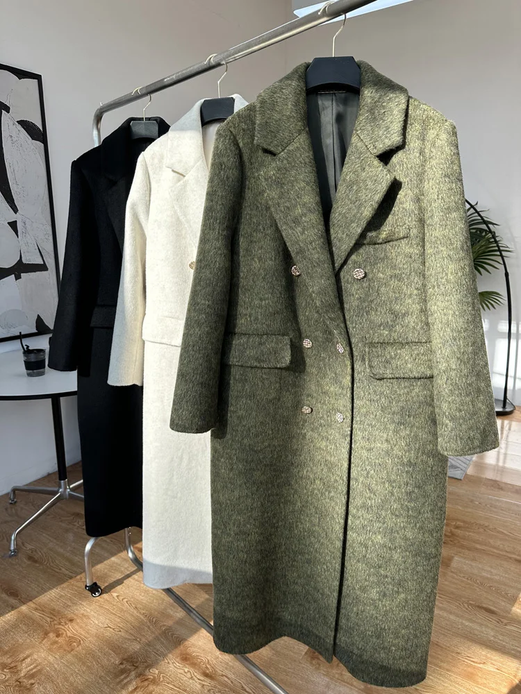 Damski płaszcz z wełny i kaszmiru na jesień i zimę, jednolity kolor, gruby, dwustronny, długi, wysokiej jakości, modny, z klapami, długi rękaw.