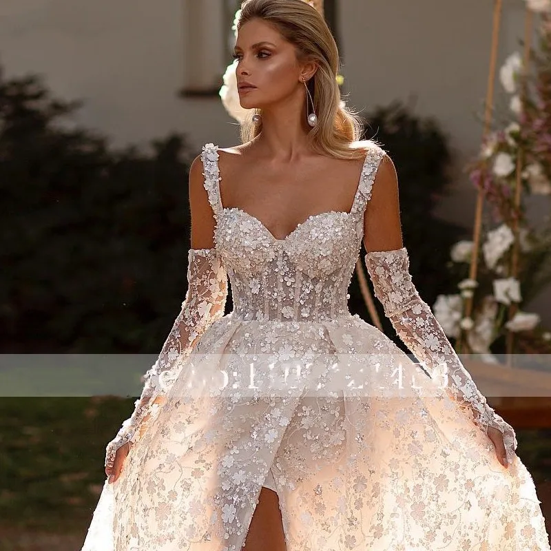 Perline di lusso paillettes pizzo una linea abiti da sposa rimuovere maniche Sexy Sweetheart spacco laterale abiti da sposa Backless Vestidos De Novia