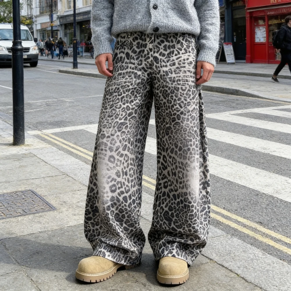 Leopard Print Pattern Men's Curved Wide Leg Sweatpants Cool Boy Casual Pants Spring Street Bottom Male High Waist Y2k Trousers