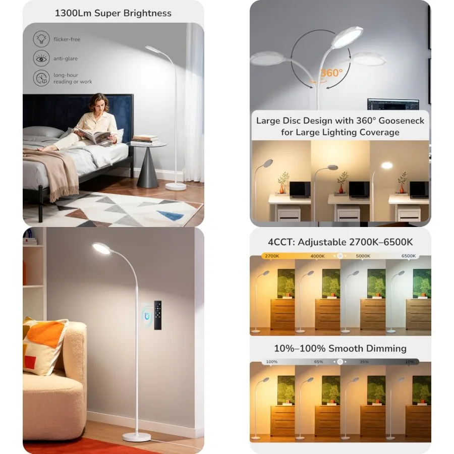 

Gooseneck Floor Lamp, 1300LM LED Floor Lamps for Living Room, 4CCT Color Temperature Dimmable Standing Lamp, Remote and Touch C