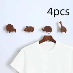 4PCS Cute Animal Hook Walnut Wood Hooks Multi-Purpose Key Holder Wall Coat Rack Door Clothes Storage Home Children Room Decora