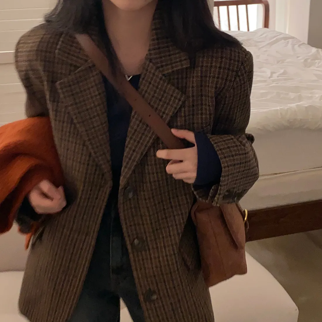 

Осенний корейский винтажный повседневный клетчатый пиджак, женский однобортный свободный длинный пиджак с зубчатыми лацканами, офисное женское пальто, верхняя одежда, новинка