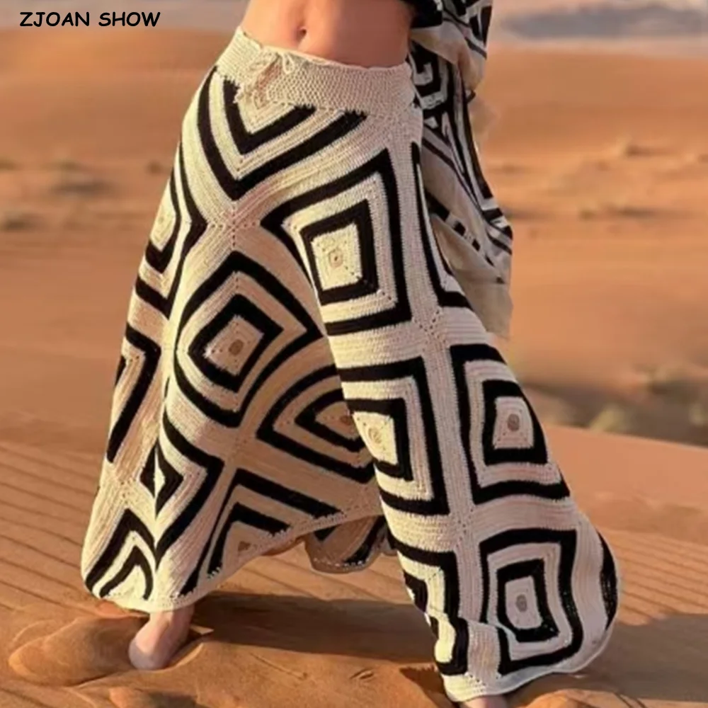 2025 BOHO Beige With Black Plaid Hand made Crochet Long Skirt Bow Lacing Up Bandage Waist Swing Irregular Skater