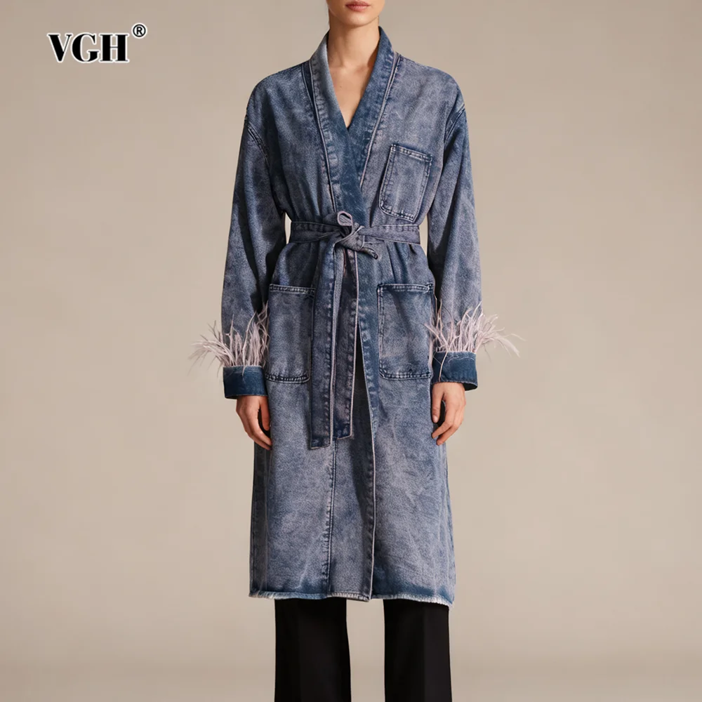 

VGH Denim Spliced Lace Up Midi Trench for Women V Neck Long Sleeve Patchwork Feather Trim Elegant Temperament Slim Jacket Female