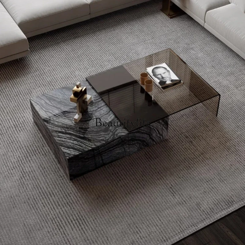 

P12tempered glass minimalist small apartment living room Italian light luxury ancient wood grain natural luxury stone