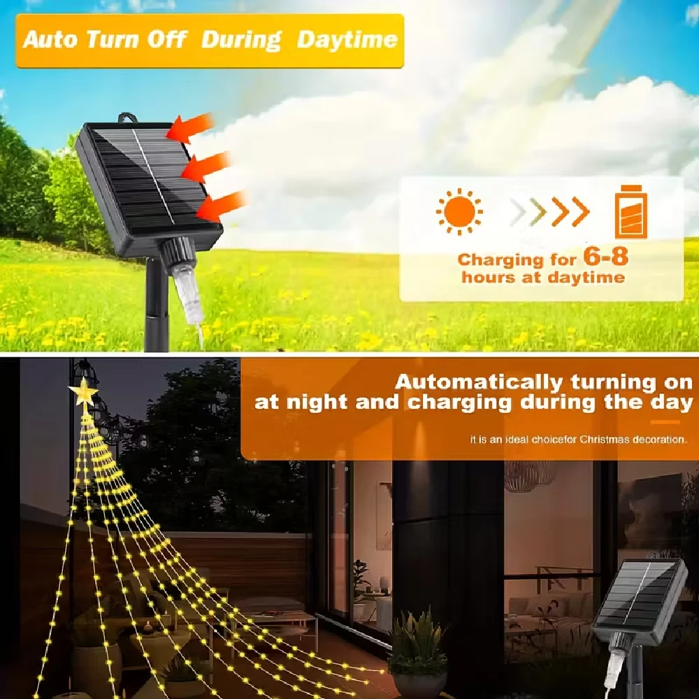 Solar Powered Decorative Star Waterfall Lights 8 Modes IP67 Waterproof Outdoor Party Ambient String Lights Xmas Tree Decor