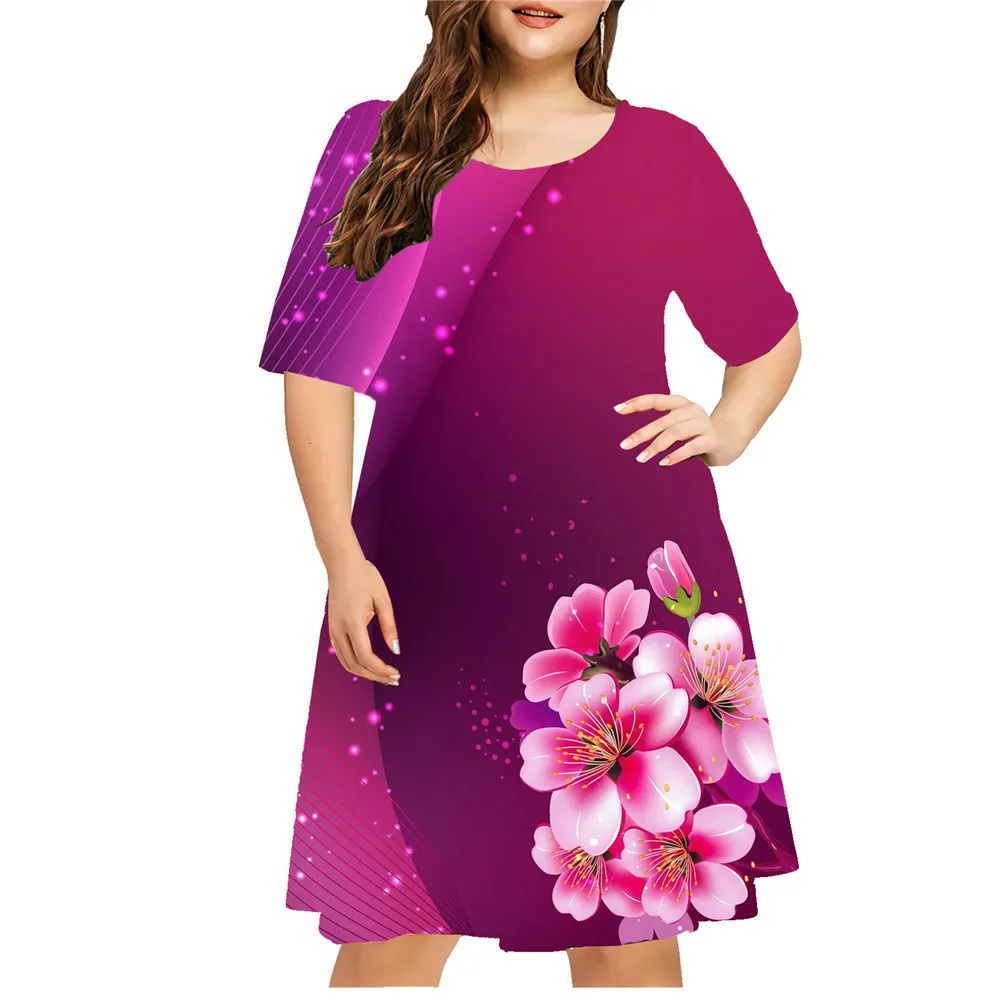 2024 Letnie sukienki damskie Moda z krótkim rękawem Luźna sukienka A-Line Plus Size Casual Flower 3D Print Ladies New Clothing 8XL 9XL