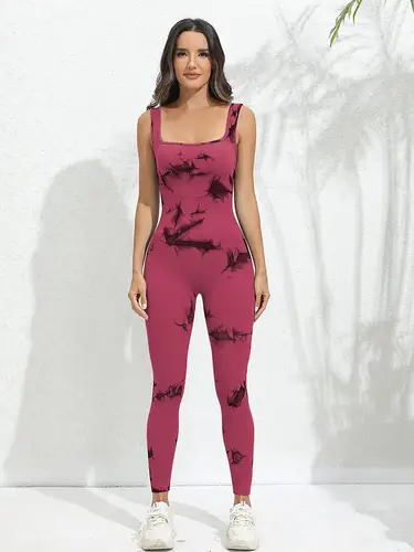 Imagen 2 del producto Tie-Dye Camiseta sin mangas de una pieza acanalada para yoga para mujer, pantalones de una pieza, mono de ejercicio sin mangas