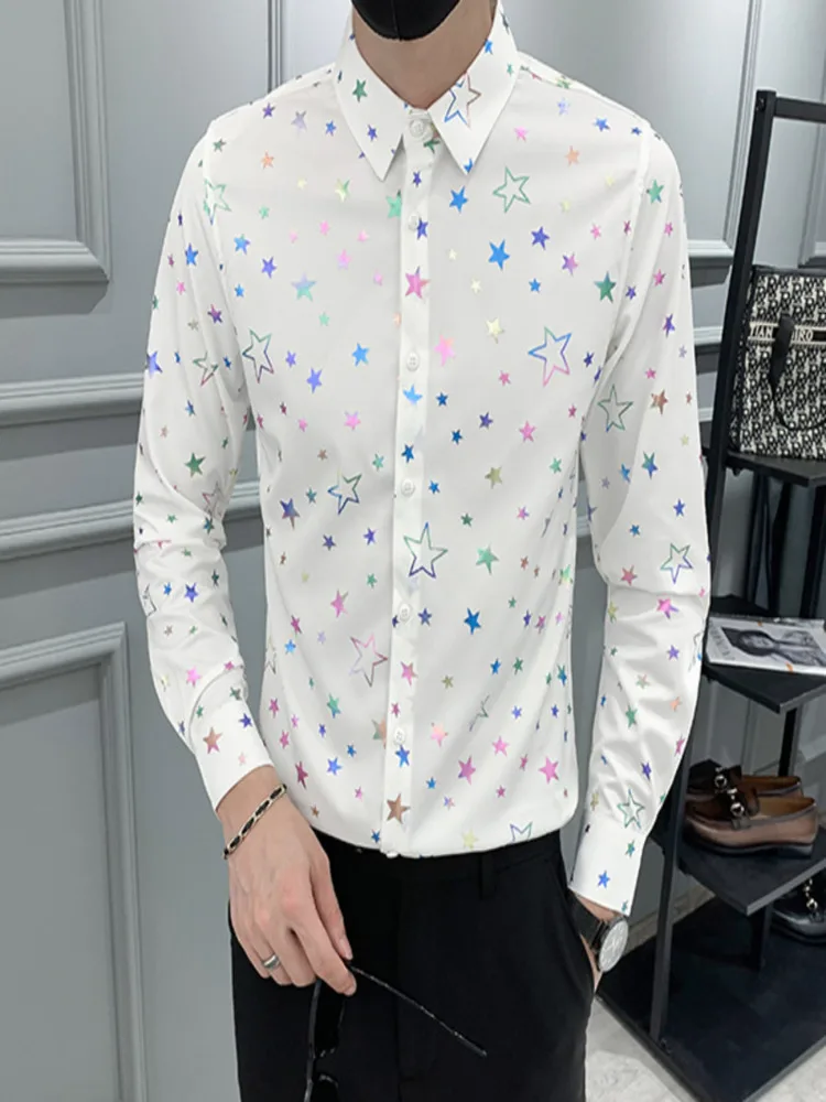 Star Print Shirt Men Dress s Long Sleeve Camisa Hombre Chemise Homme 4xl Smoking Masculino Club Party Slim White