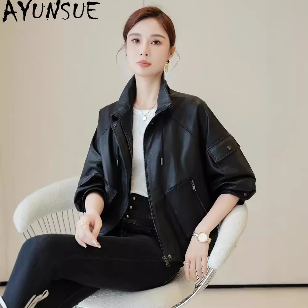 AYUNSUE Giacca in vera pelle da donna 2025 100% pelle di pecora Cappotti da donna Giacche da moto Primavera Autunno Abiti Vestibilità ampia