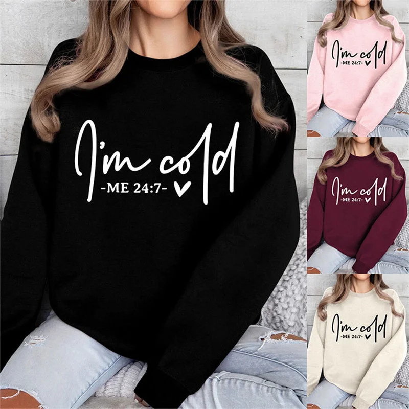 

New winter cotton women's i'm cold me letter print fashion casual vintage round neck fleece long-sleeved hoodie