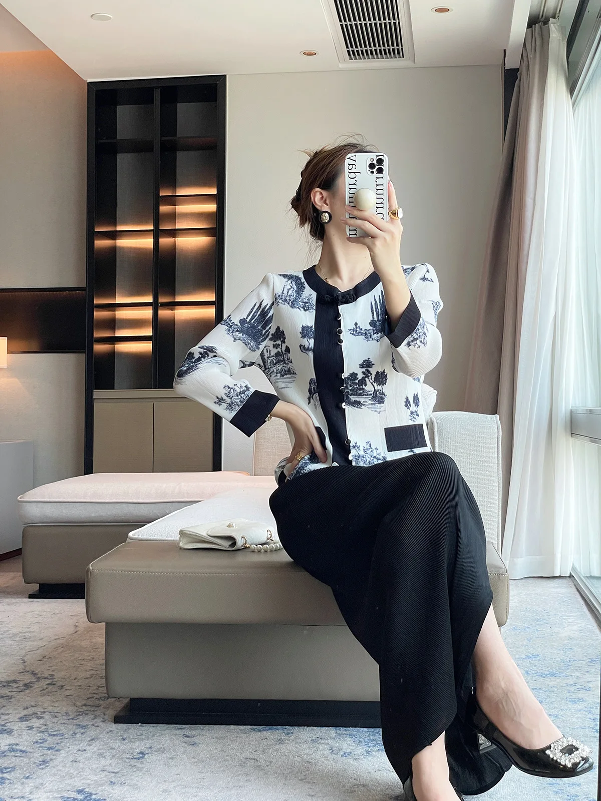 Pleated New Lanting Original New Chinese Style Retro National Style Printed Short Jacket Split Skirt Two-piece Set