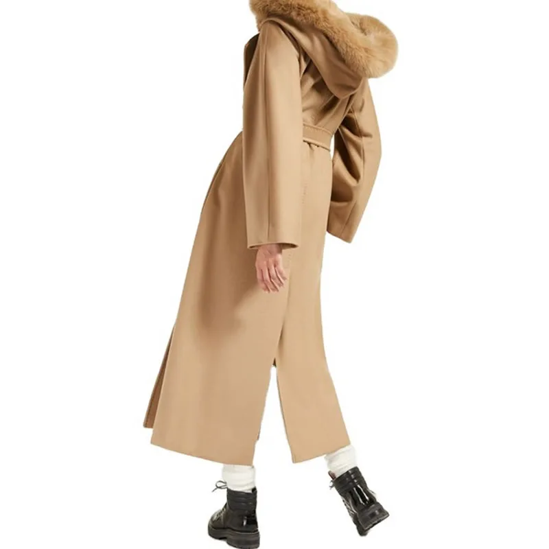 New Women Camel Color Winter Woolen Coat Fashion Long Sleeve Loose Hoodes Coat